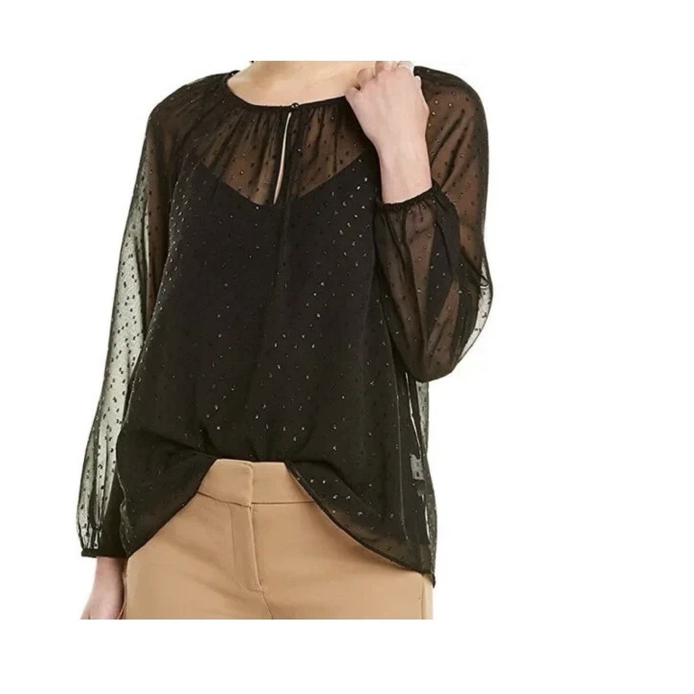 Point Sur By J. Crew Womens Large Black Chiffon Lined Long Sleeve Blouse Popover
